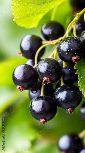 Fresh wet blackcurrant berries ripening on bush branch