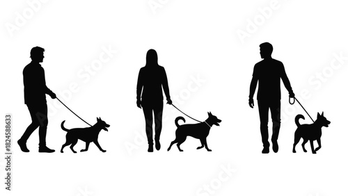 People walking dogs silhouettes isolated on white background, Vector
