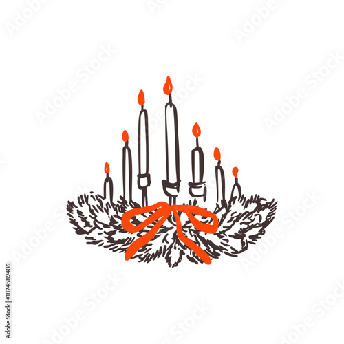 Burning melting candle on the Christmas fir tree branches wreath. Hand drawn ink drawing of candle light. Doodle crayon advent outline illustration. New year Parisian christian church whimsical decor