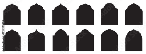 Islamic door and window shape. mosque gates and window frame. Traditional islamic arches boho minimalist design, arabic geometric frames with mosque dome silhouette. Set of Islamic border frame 