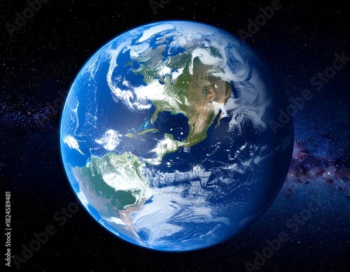 A vibrant, detailed depiction of the Earth against a starry space