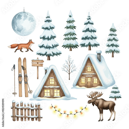 Whimsical watercolor winter scene with rustic cabins, snow-covered trees, fox, moose, skis, and festive fairy lights on white
