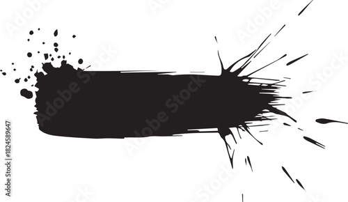 Black Ink Splatter with Brushstroke Effect on White Background.