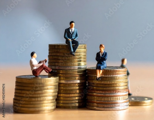 Miniature figures on coin stacks, concept of wealth and success