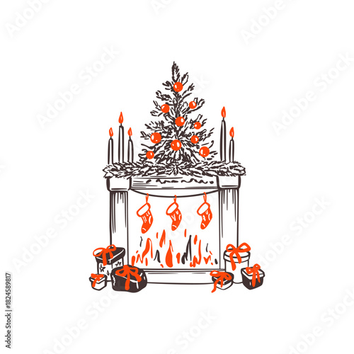 Hand drawn Christmas fireplace with festive decoration, tacky Christmas tree, xmas gift boxes with bows, candles. New Year decorated chimney. Hand drawn crayon doodle whimsical fire with stockings