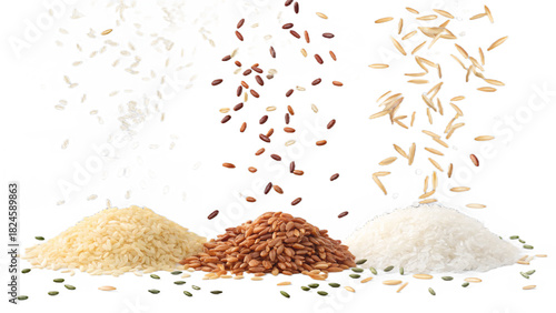 Falling rice medley floating weightlessly on transparent background.