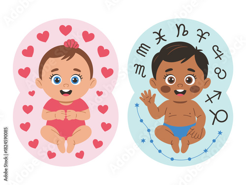 Two cartoon babies one with hearts and one with zodiac signs around them