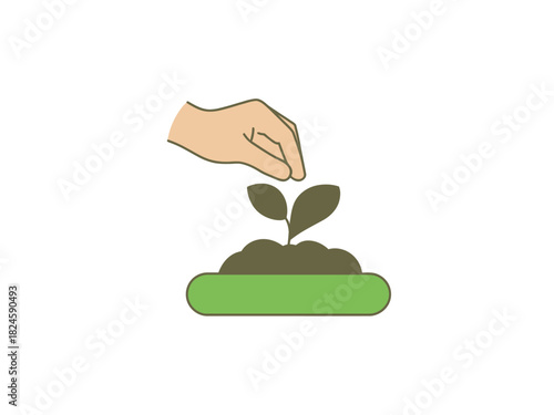 Illustration of a hand planting a seedling in soil on a green surface