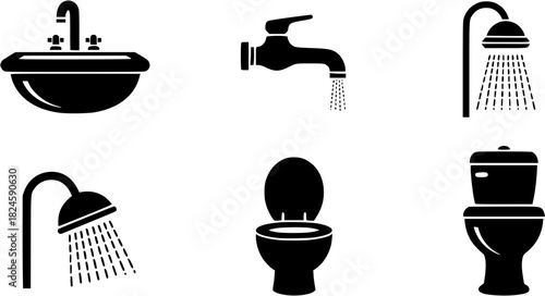 Black bathroom fixtures icons isolated on white background, including sink, faucet, shower, toilet
