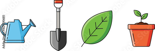 Gardening icons set featuring watering can, shovel, leaf, and flower pot, minimal vector on white background