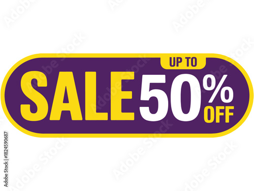 A purple and yellow sale tag showing up to fifty percent off promotion