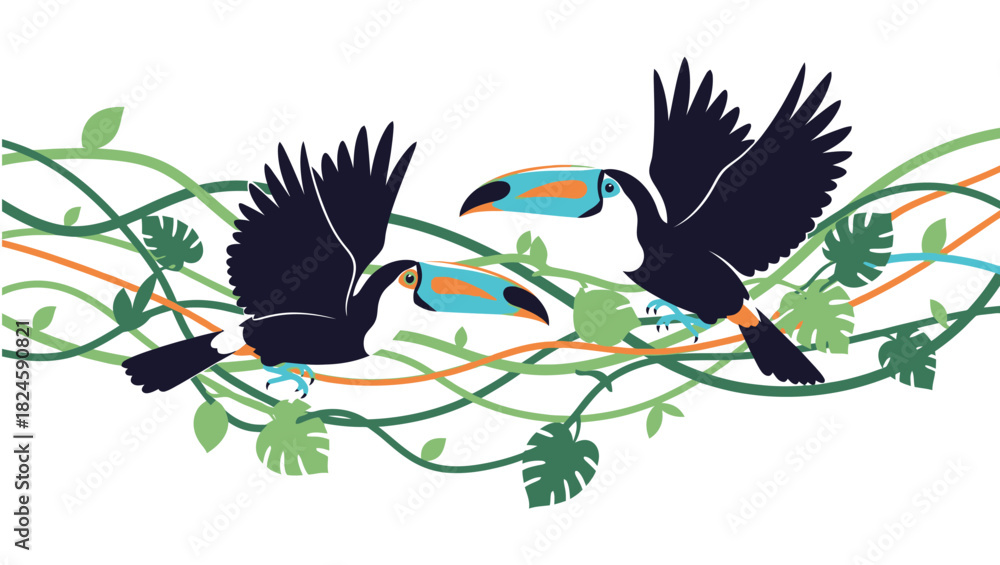 Fototapeta premium Toucan bird on a branch, wild animal illustration with black silhouette wings design