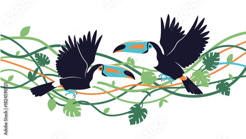 Toucan bird on a branch, wild animal illustration with black silhouette wings design
