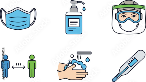 Health and safety icons with mask, sanitizer, and shield, clean vector on white background