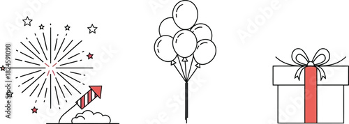 Minimal festival icons set showing fireworks, balloons, and gift box, vector flat style on white background