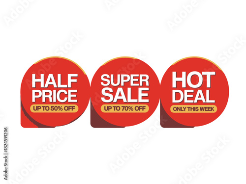 Three red sale stickers with half price super sale and hot deal offers