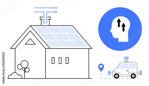 Smart home technology. Smart home integrating solar panels, connectivity, and autonomous systems. Smart home advancing energy efficiency, automation, and IoT. For modern living, energy eco-design