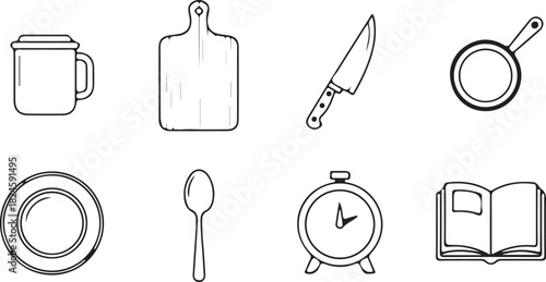 Kitchen Utensils: A minimalist illustration showcases an array of essential kitchen tools, each item meticulously outlined to highlight their unique shapes and purposes.