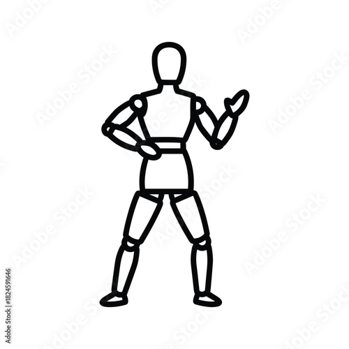 Articulated wooden mannequin line icon with one arm on hip, gesturing with the other, simple design