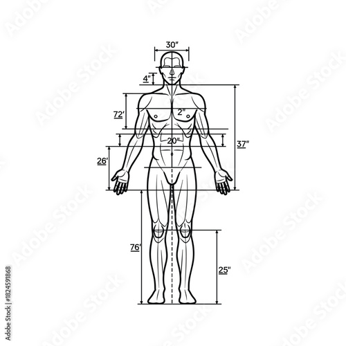 Detailed anatomical human body measurements diagram for health, fitness, and medical education.