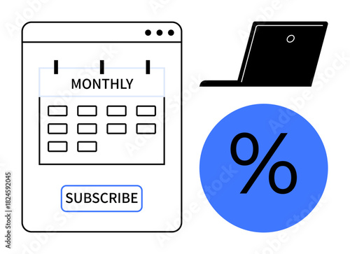 Monthly calendar labeled subscribe with a laptop and percentage icon suggesting recurring payments, savings, or service plans. Ideal for subscriptions, pricing, digital services, sales, finance