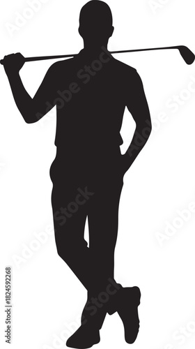 Silhouette of a golfer leaning on a golf club relaxed pose.