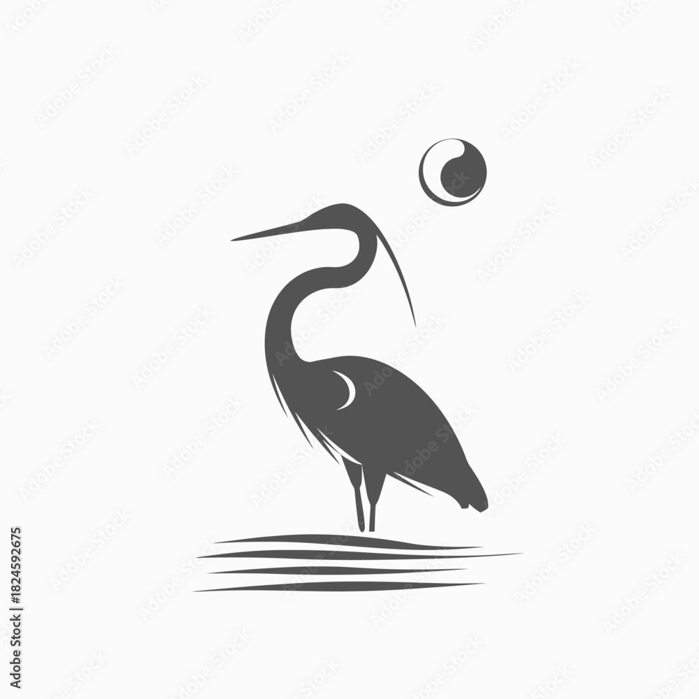 Fototapeta premium Elegant heron bird silhouette standing in water with abstract sun/moon, minimalist vector logo icon design, graceful nature graphic.
