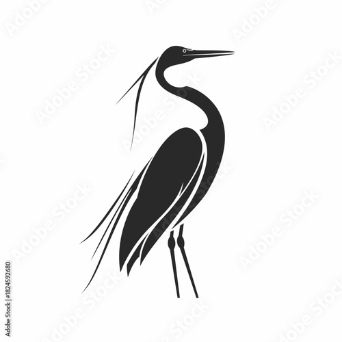 Elegant black silhouette of a wading bird, stylized graphic design, heron or egret-like, isolated vector illustration for logo.