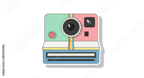 A minimalist retro instant camera illustration with pastel colors and a rainbow stripe, depicted as a vector graphic sticker element on a white background