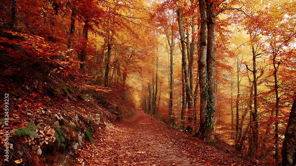 Obraz premium Autumn forest trail covered leaves with rich amber and deep red colors