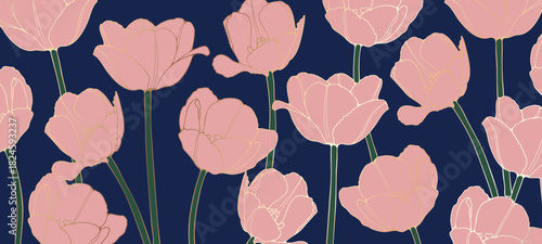 Pink tulips luxury floral design for decor, wall decoration, greeting cards. Golden thin lines hand drawn tulip flowers on dark blue background