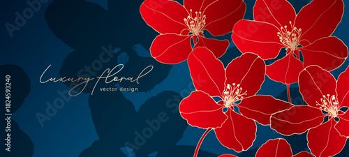 Red exotic flowers luxury vector floral design. Greeting card template with golden flowers on dark blue background