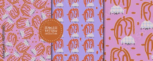 Set of naive abstract seamless patterns featuring bold hand-drawn floral shapes, rough lines, and playful grid textures