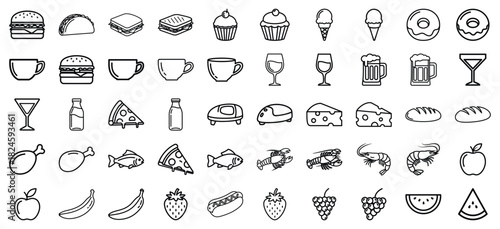 Food & Drinks Line Art Icons – Minimal Flat Black Outline Vector Set for Restaurant, Cafe, Fast Food, Beverages, and Dessert Design