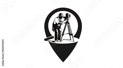 Cameraman Operating Professional Camera on Tripod within a Map Pointer Icon. Creative Videography & Filmmaking Location Symbol.