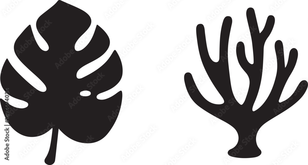 Fototapeta premium Black monstera leaf and coral silhouette on white background vector