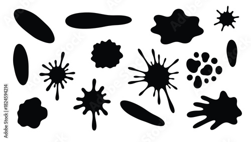 Collection of black ink splatter and blob shapes on a white background