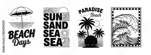 Vintage tropical beach scene illustrations with palm trees and ocean waves