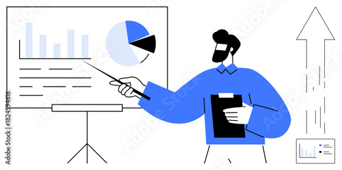 Male presenter with a clipboard pointing at charts, bar graphs, and pie charts on a screen. Ideal for business strategy, analytics, growth, education, teamwork training and progress. Simple flat
