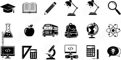 Education and learning icons isolated on white background, a collection of educational symbols
