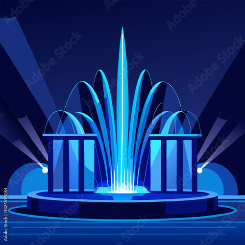 Grand illuminated fountain display at night with vibrant water jets