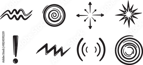 Simple Icon Set: Black and white icons on plain background representing a variety of concepts, offering versatility for design projects. 