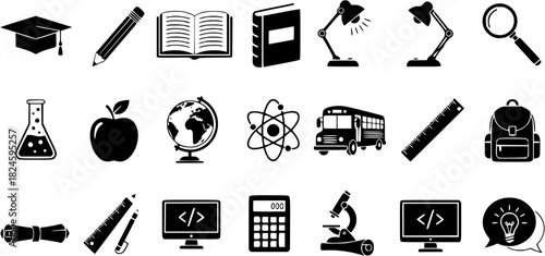 Education and learning icons isolated on white background, a collection of educational symbols
