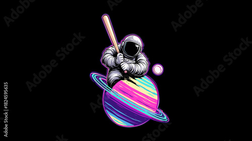 Astronaut with baseball bat ready to hit a ball on a vibrant, retro-futuristic ringed planet in dark cosmic space illustration.