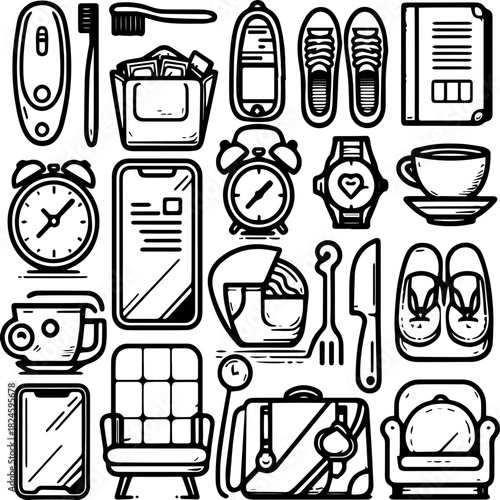 Charming line art icons for daily life essentials, perfect for modern lifestyle blogs