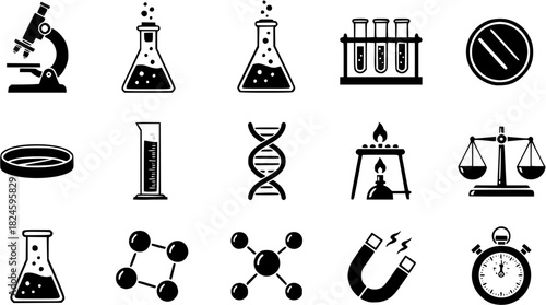 Set of science and laboratory equipment icons isolated on white background
