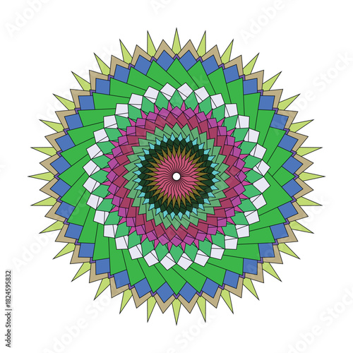 Colorful geometric radial pattern on white background