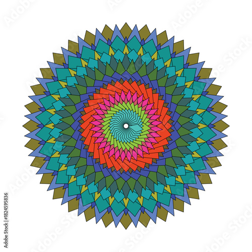 Colorful geometric mandala pattern with vibrant swirling shapes