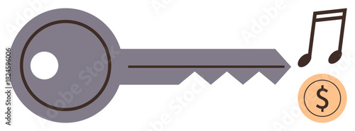 Metallic key alongside musical note and coin highlights themes of access, creativity, value, security, innovation, ownership, and intellectual property. Ideal for concepts thumbs up success paths