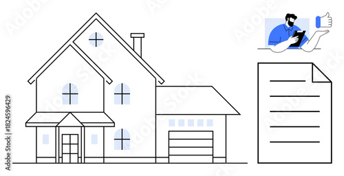 Residential house with garage, checklist document, person approving on tablet. Ideal for real estate, insurance, property management, online approval, contracts, home buying digital services